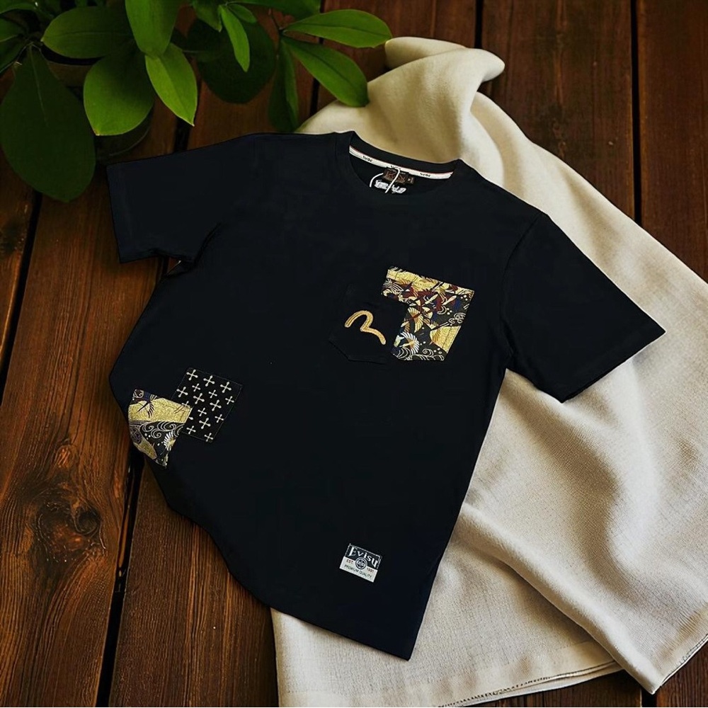 Evisu Black Short Sleeve Tee Casual Cotton